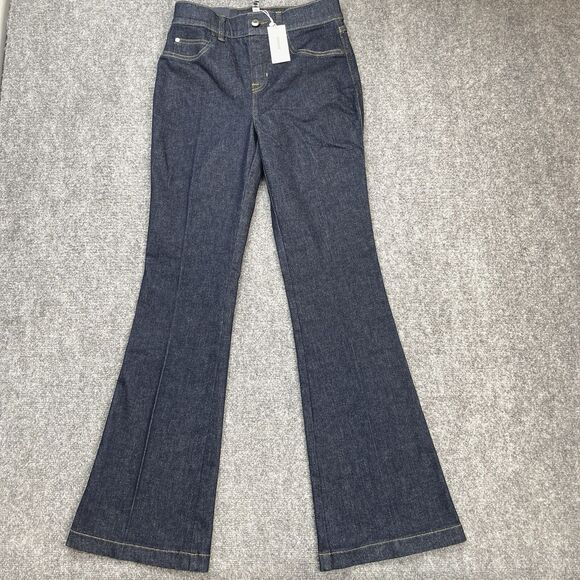 Spanx Jeans Womens Medium Petite Raw Indigo Flare Pull On 31.5" Inseam  NEW - Picture 2 of 13